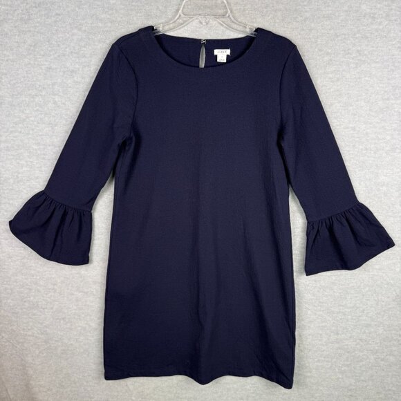 J Crew Factory M Solid Ruffle Sleeve Shift Dress Navy Blue Textured Cotton Blend - Picture 2 of 12